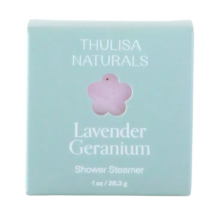 Thulisa Naturals Lavender Geranium shower steamer packaging on a white background