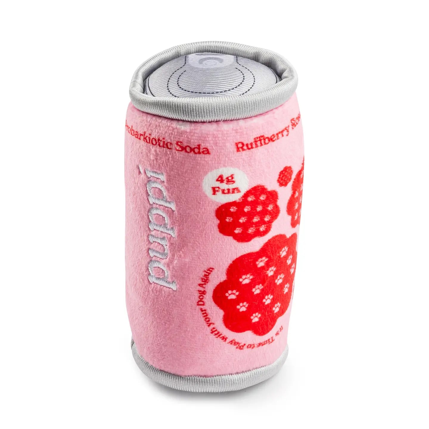 Pink can-shaped dog toy with red paw prints on a white background
