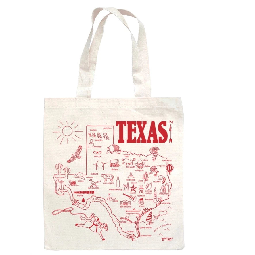 canvas tote with red screen printing on the front. tote has red outline of Texas with Texas landmarks illustrated on it. 