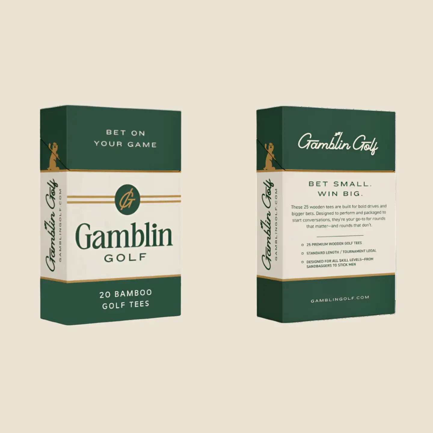 Two boxes of Gamblin Golf bamboo golf tees on a beige background