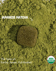 Japanese matcha powder with a stone and USDA Organic label.
