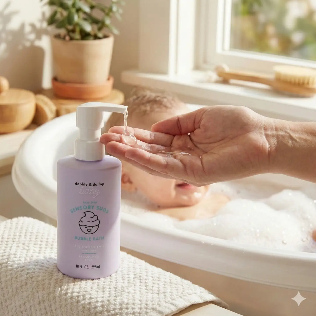 Person applying bubble bath to a hand with a bottle of bubble bath in a bathroom setting.