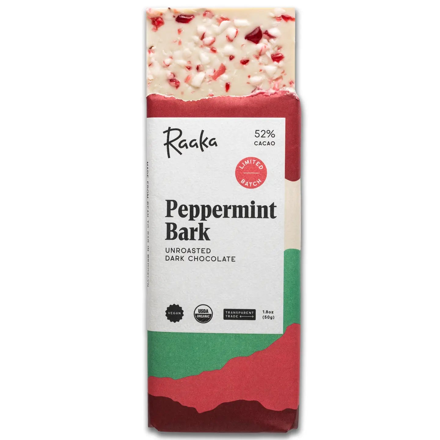 Raaka Peppermint Bark chocolate bar packaging on a white background