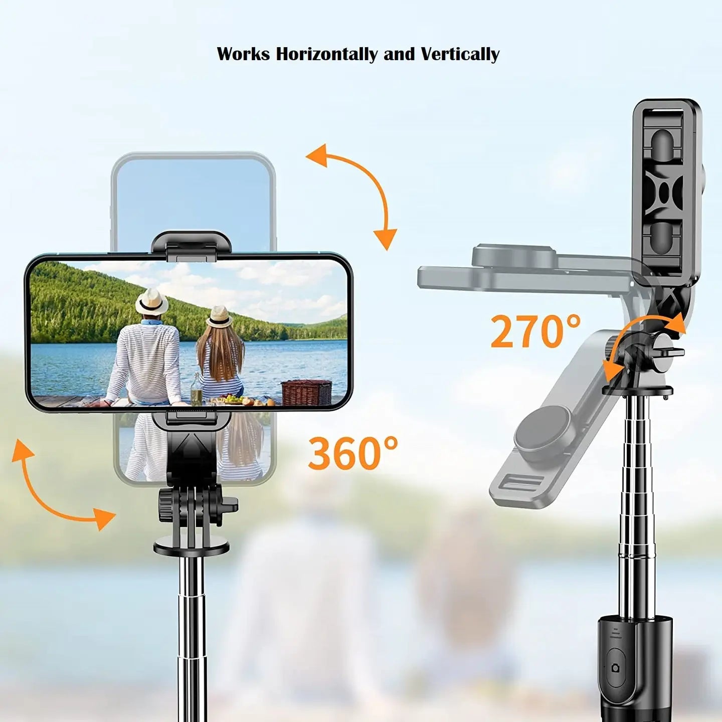 Phone holder with 360-degree rotation and 270-degree swivel on a blurred natural background