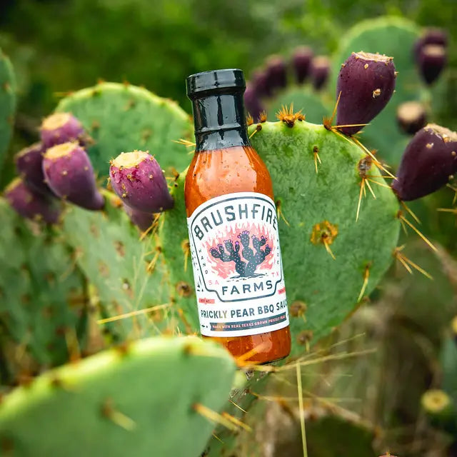 Bottle of Bushfire Farms Hickory Pear BBQ Sauce on a cactus plant with purple fruits.