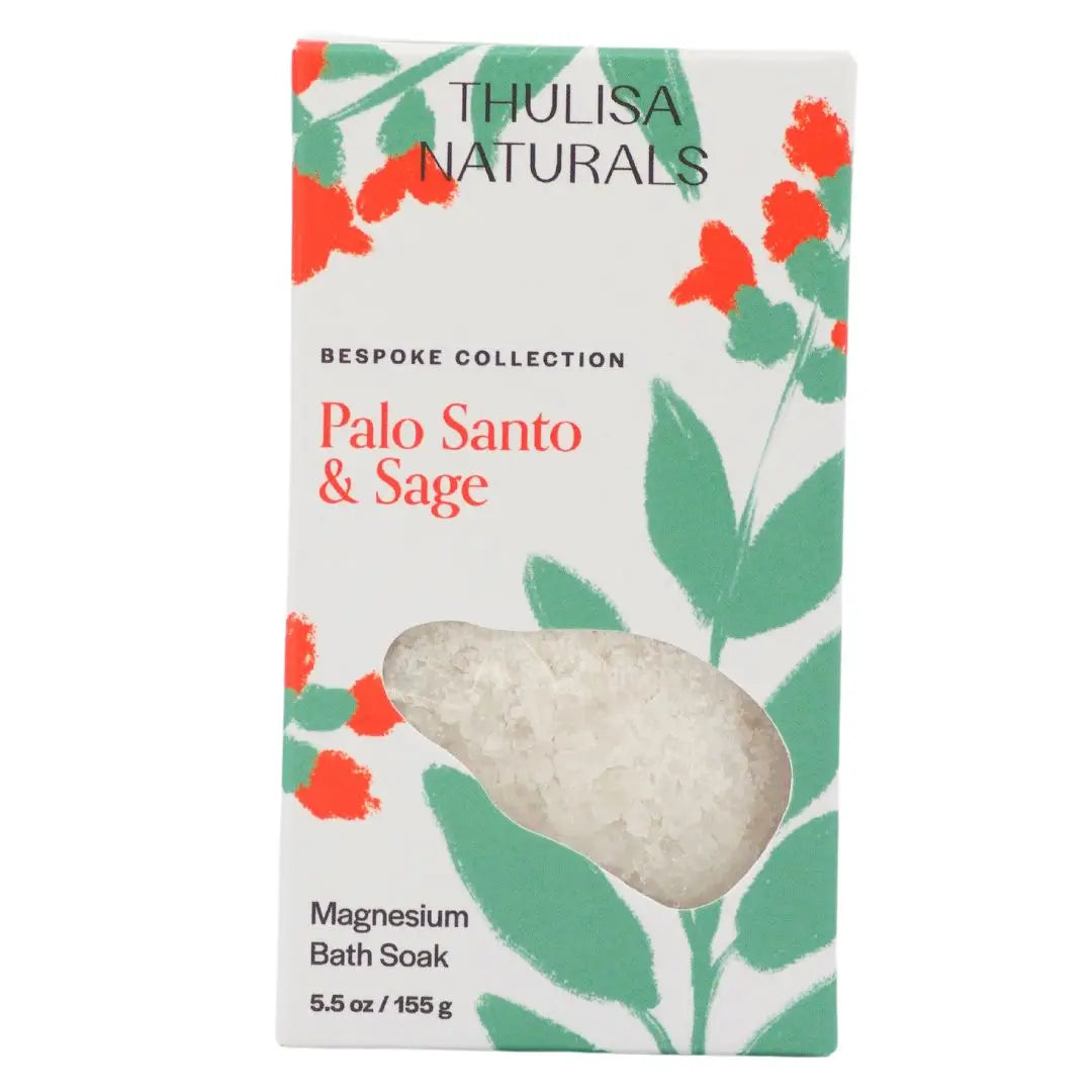 Thulisa Naturals Palo Santo & Sage magnesium bath soak packaging with floral design