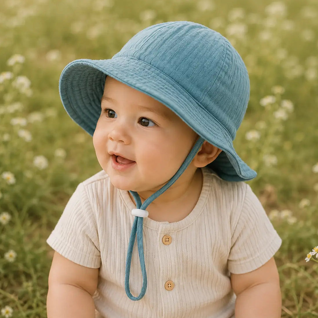 baby wearing a blue bucket hat on a field
