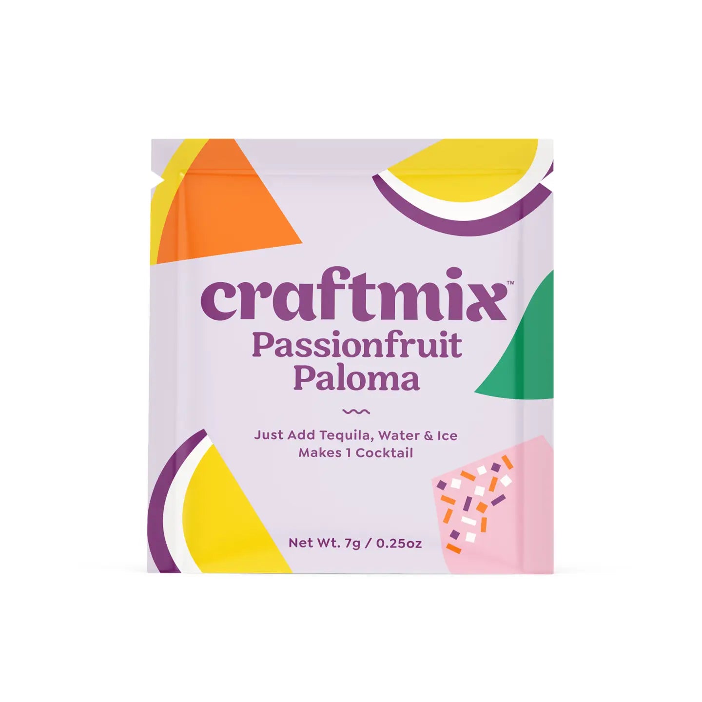 Packaged product labeled 'craftmix Passionfruit Paloma' on a white background