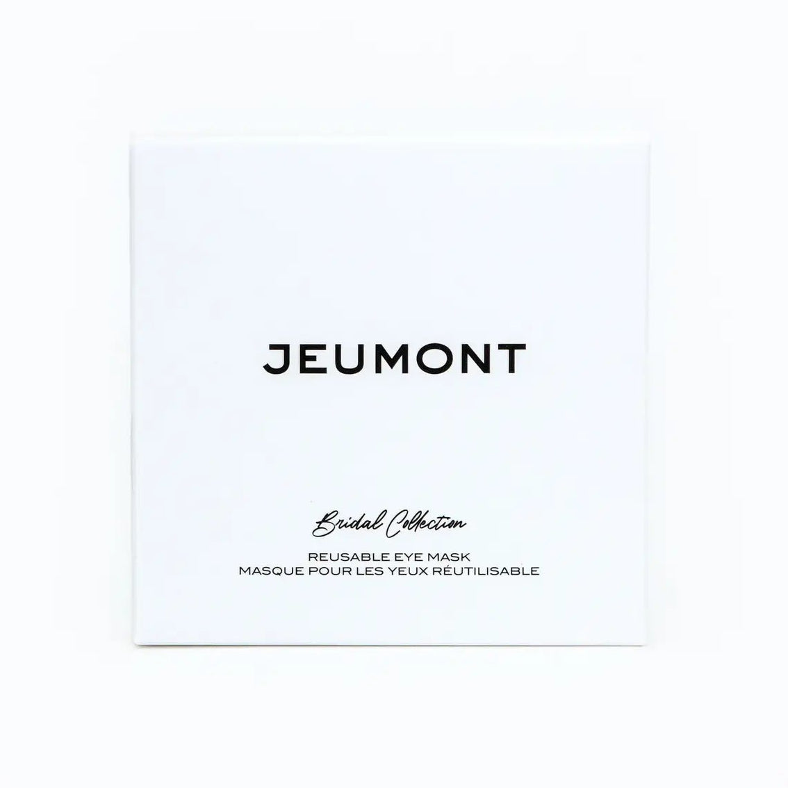 A square white product box with black text reading 'JEUMONT' and smaller text below indicating a reusable eye mask, centered on a white background.
