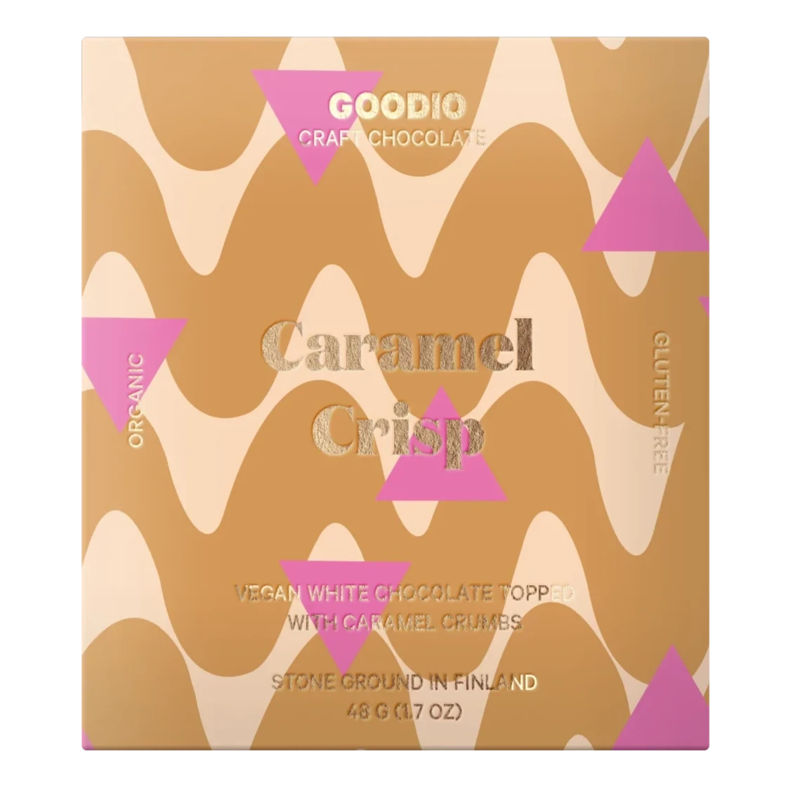tan wavy print on square packaging with gold embossed text on the front center