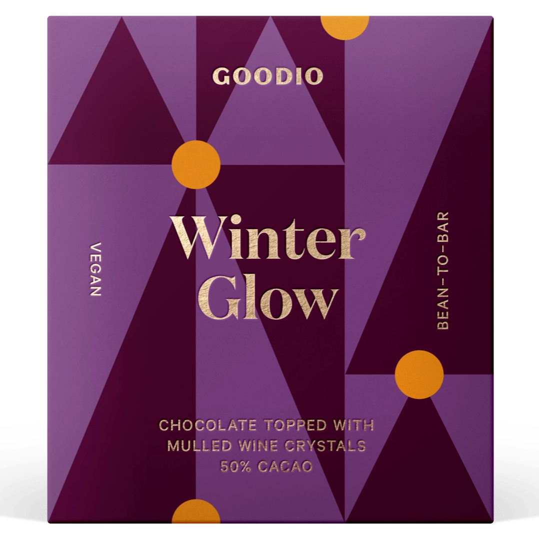 Goodio Winter Glow chocolate packaging on a white background