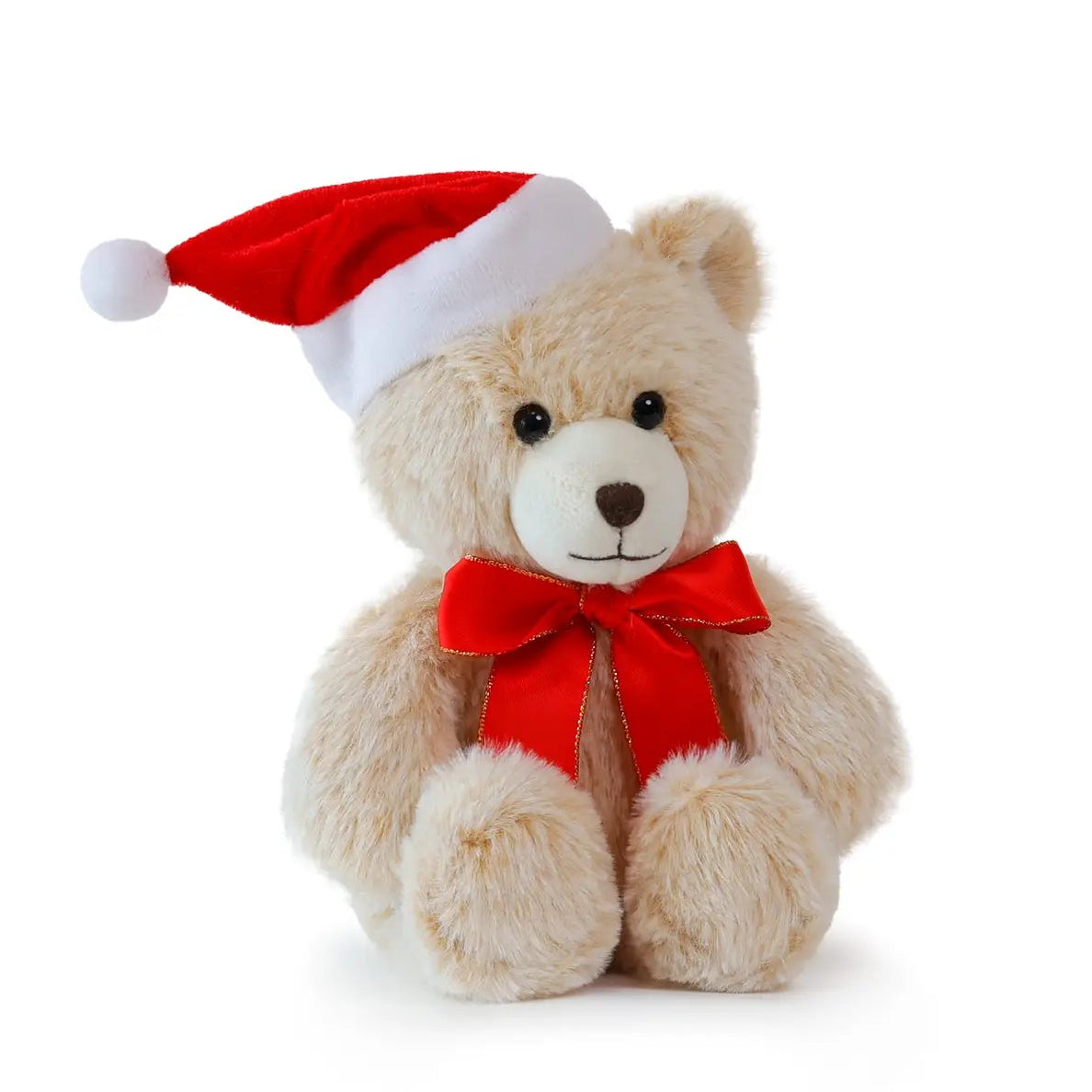 tan bear stuffed animal with a red bow and santa hat 