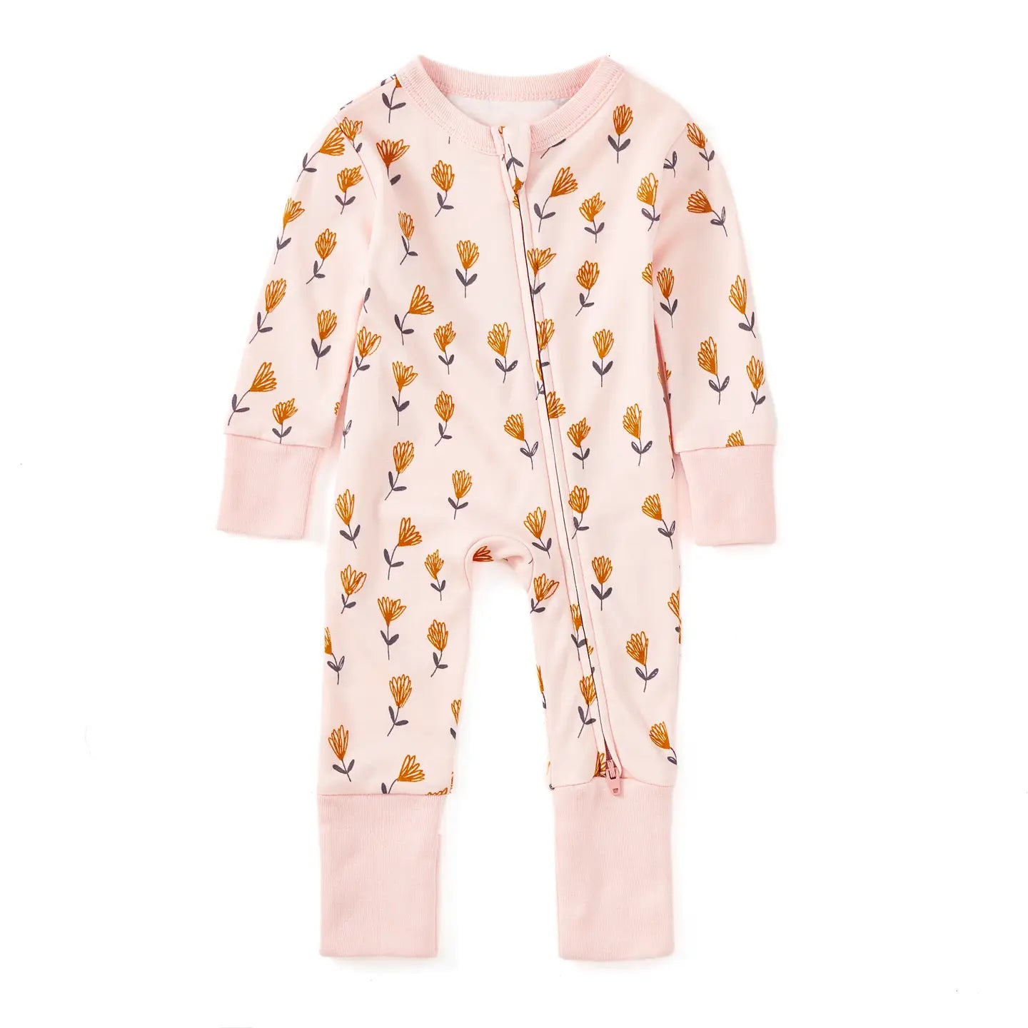 Baby onesie with floral pattern on a white background