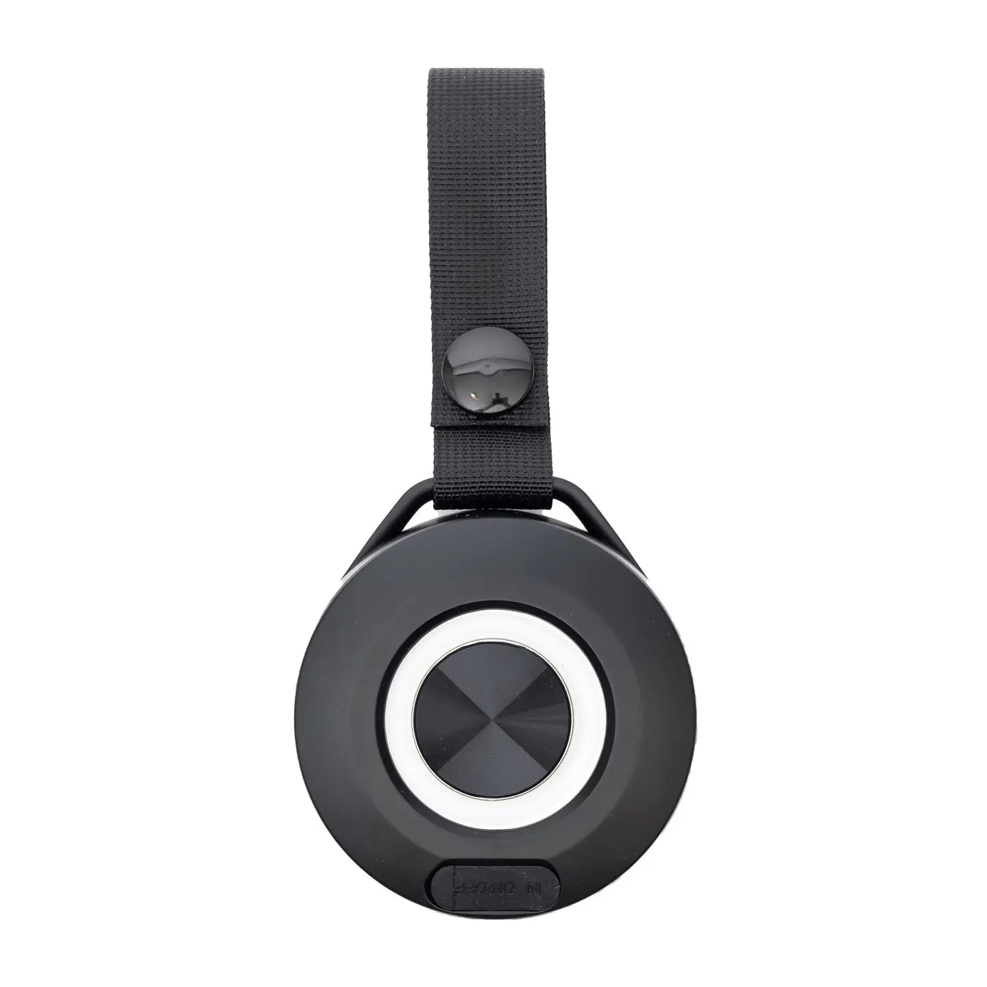 Black circular device with strap on a white background