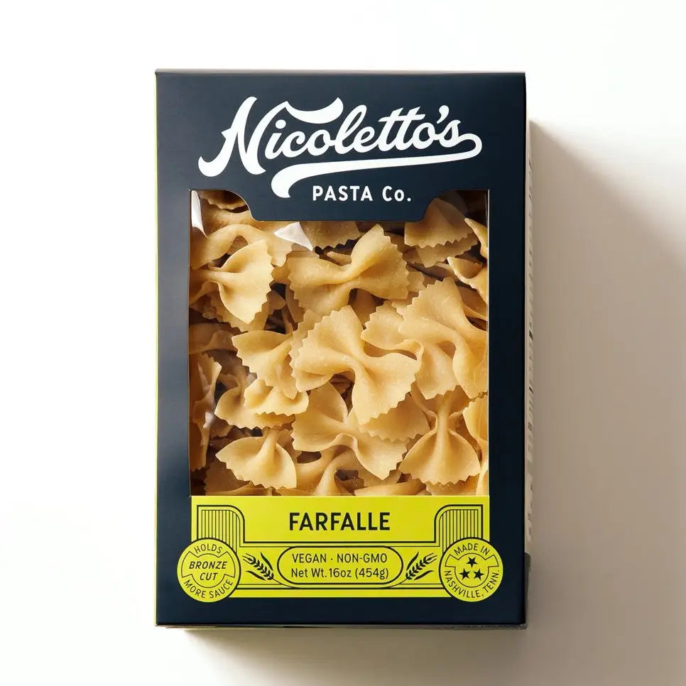 Box of Nicoletto's Pasta Co. Farfalle pasta on a white background