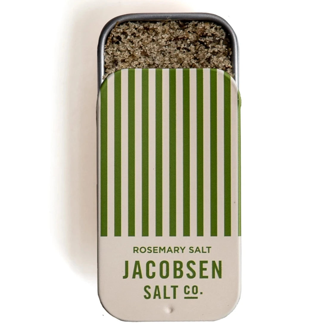 beige and green stripped salt tin slid down with salt and rosemary in it