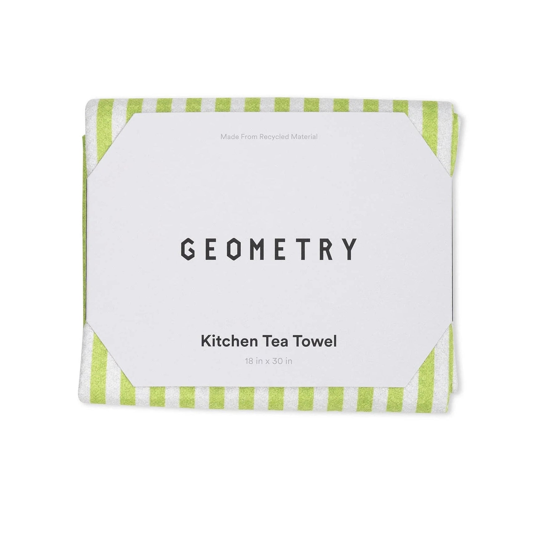Green and white striped kitchen tea towel with 'Geometry' branding on a white background