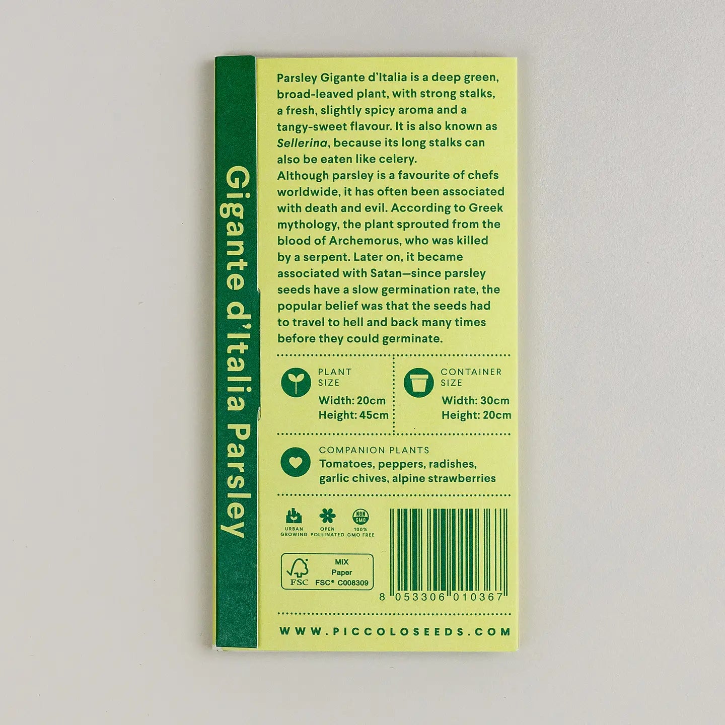 Seed packet for 'Gigante d'Italia Parsley' with text and branding on a gray background