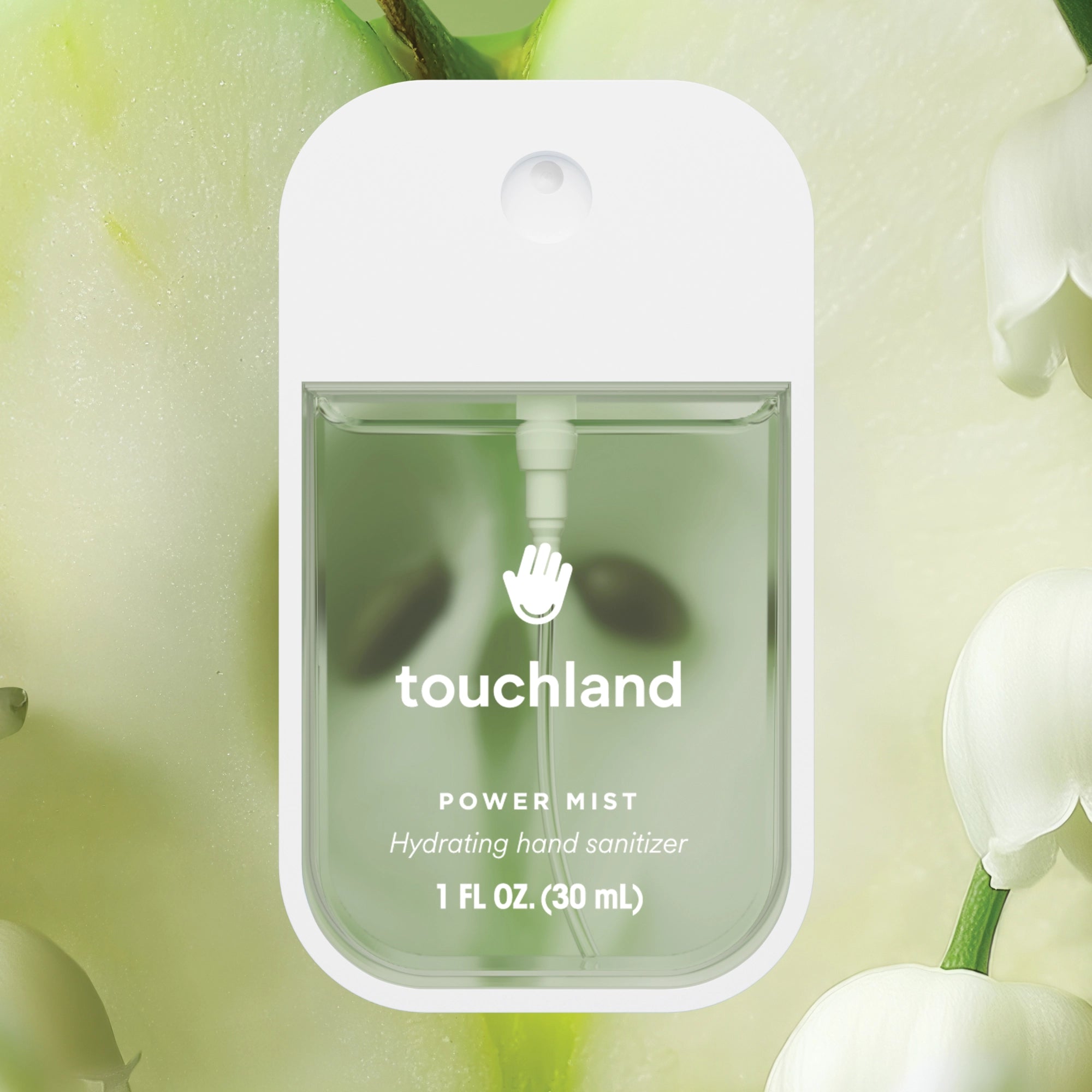 Touchland power mist hydrating hand sanitizer with green apples and flowers in the background