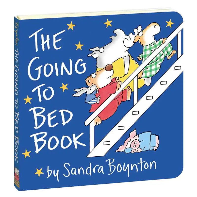 Book cover of 'The Going to Bed Book' by Sandra Boynton with cartoon characters on a blue background.