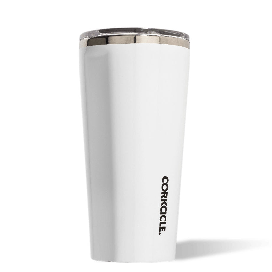 White tumbler with silver lid on a white background