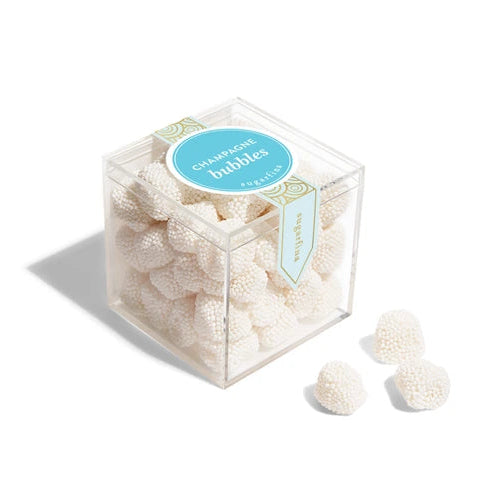 Clear cube container with white bubbles and a blue label on a white background