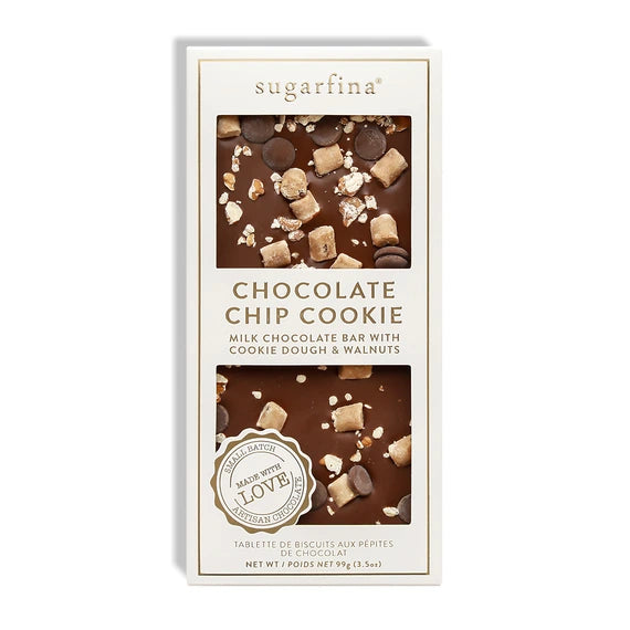 sugarfina chocolate chip cookie milk chocolate bar packaging on a white background