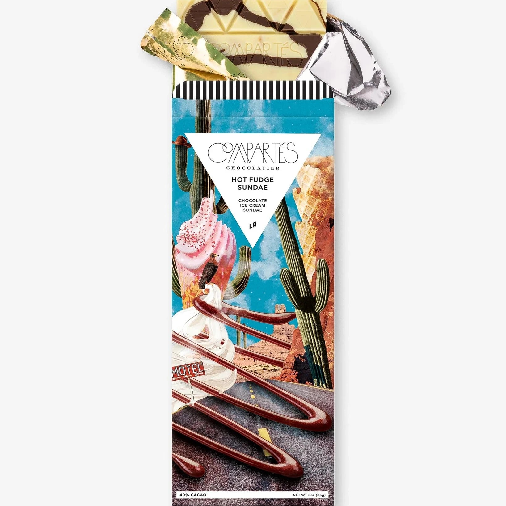 Hot fudge sundae chocolate bar packaging that features a road background with an ice cream cone, cacti, ice cream and chocolate drizzle.