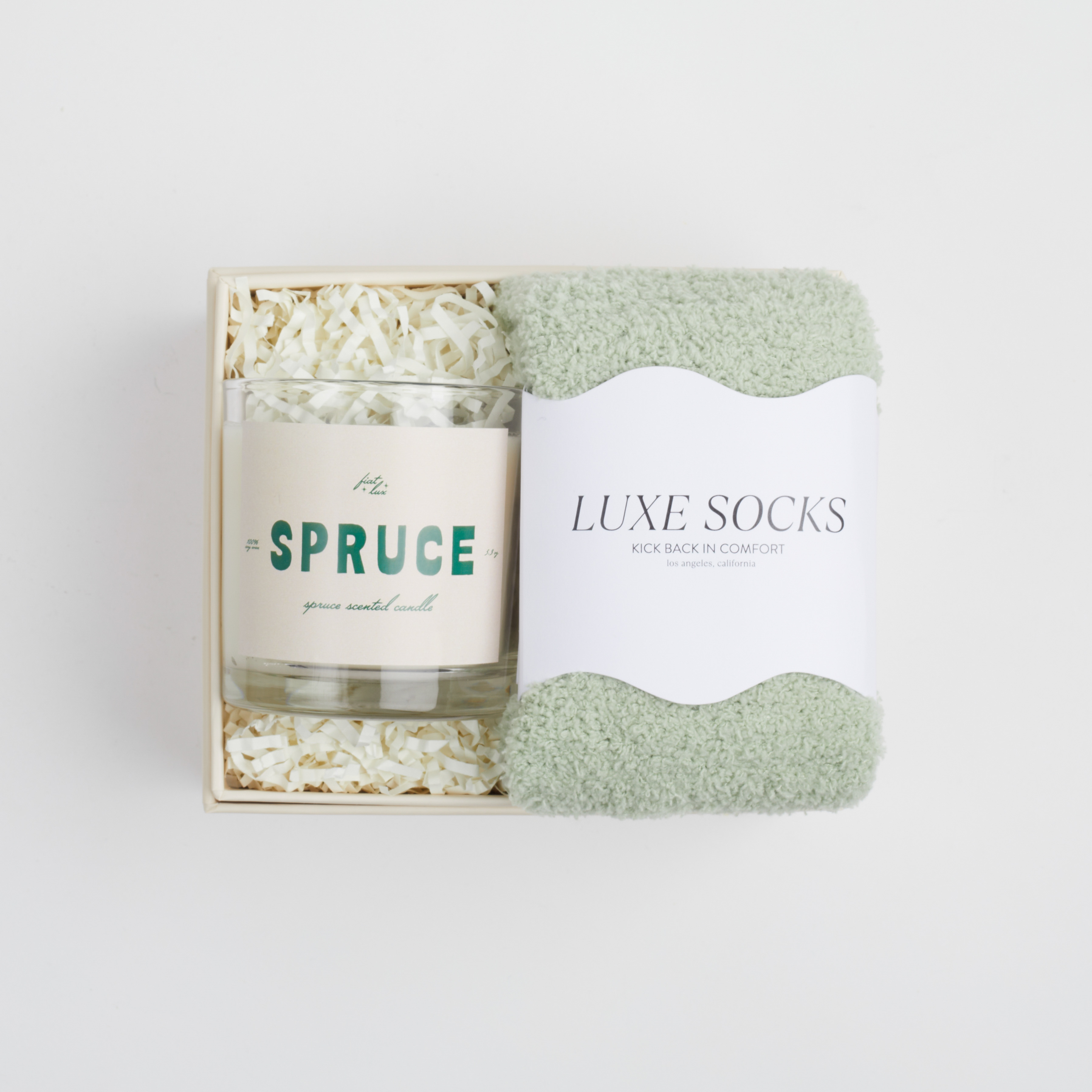BOXFOX mini cream box packed spruce candle and luxe green cozy socks