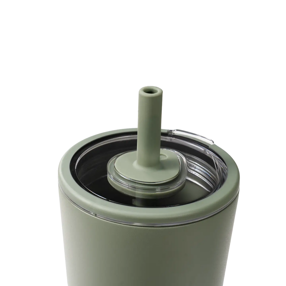 Close-up of a matte sage green tumbler with a matching silicone straw lid insert and clear plastic rim, shown on a white background.