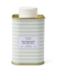A rectangular metal tin of McEvoy Ranch Rosemary Olive Oil, featuring a white lid and a body with pale green and white horizontal stripes, set against a plain white background.