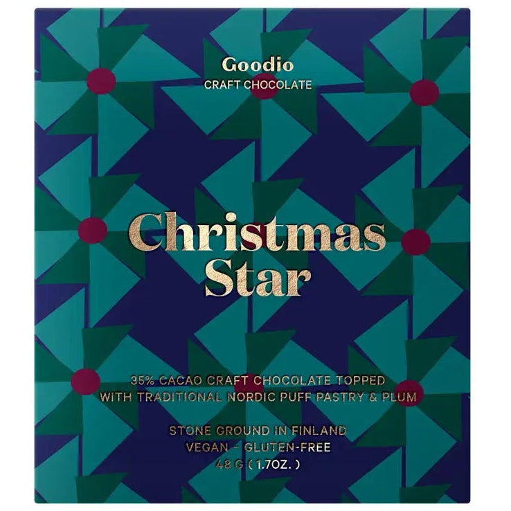 Chocolate bar with green red and blue design that has "Christmas Star" written on it in gold 
