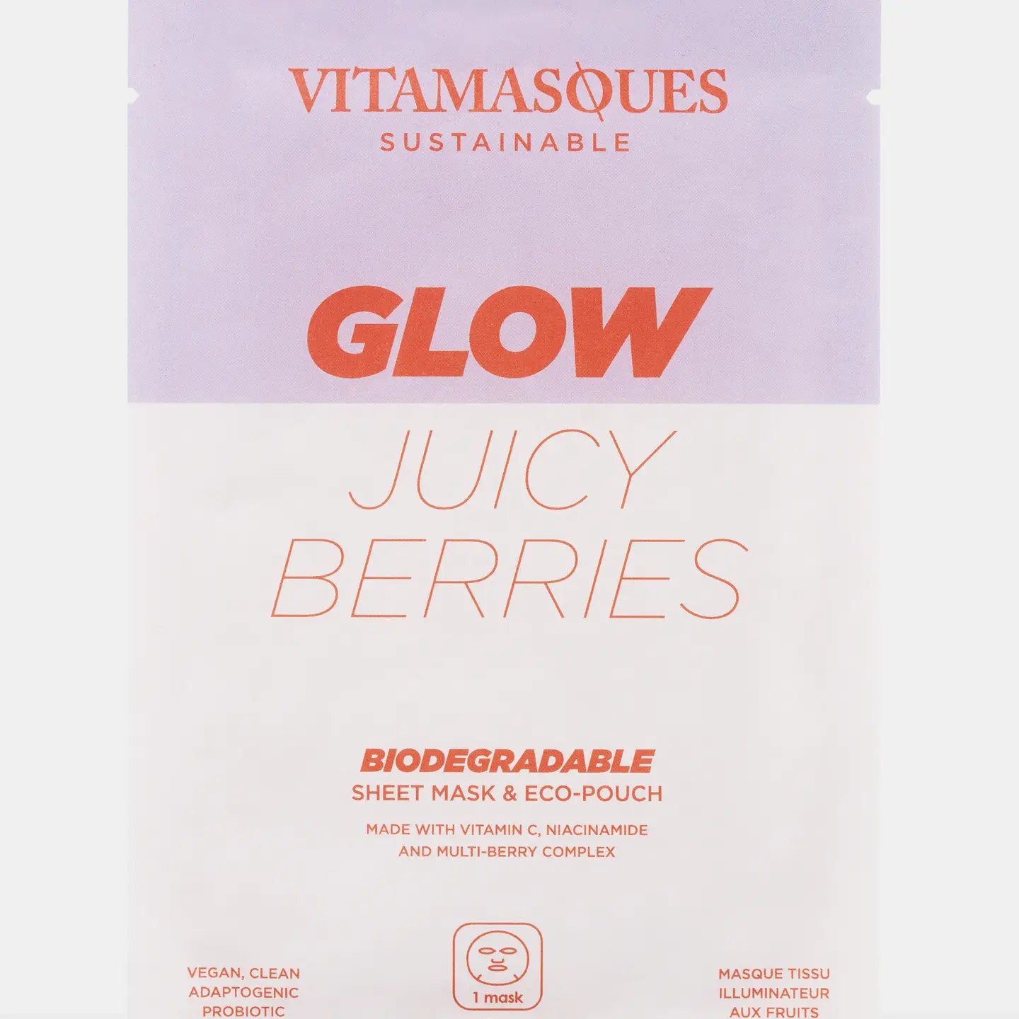Vitamasques Sustainable Glow Juicy Berries sheet mask packaging on a light purple background
