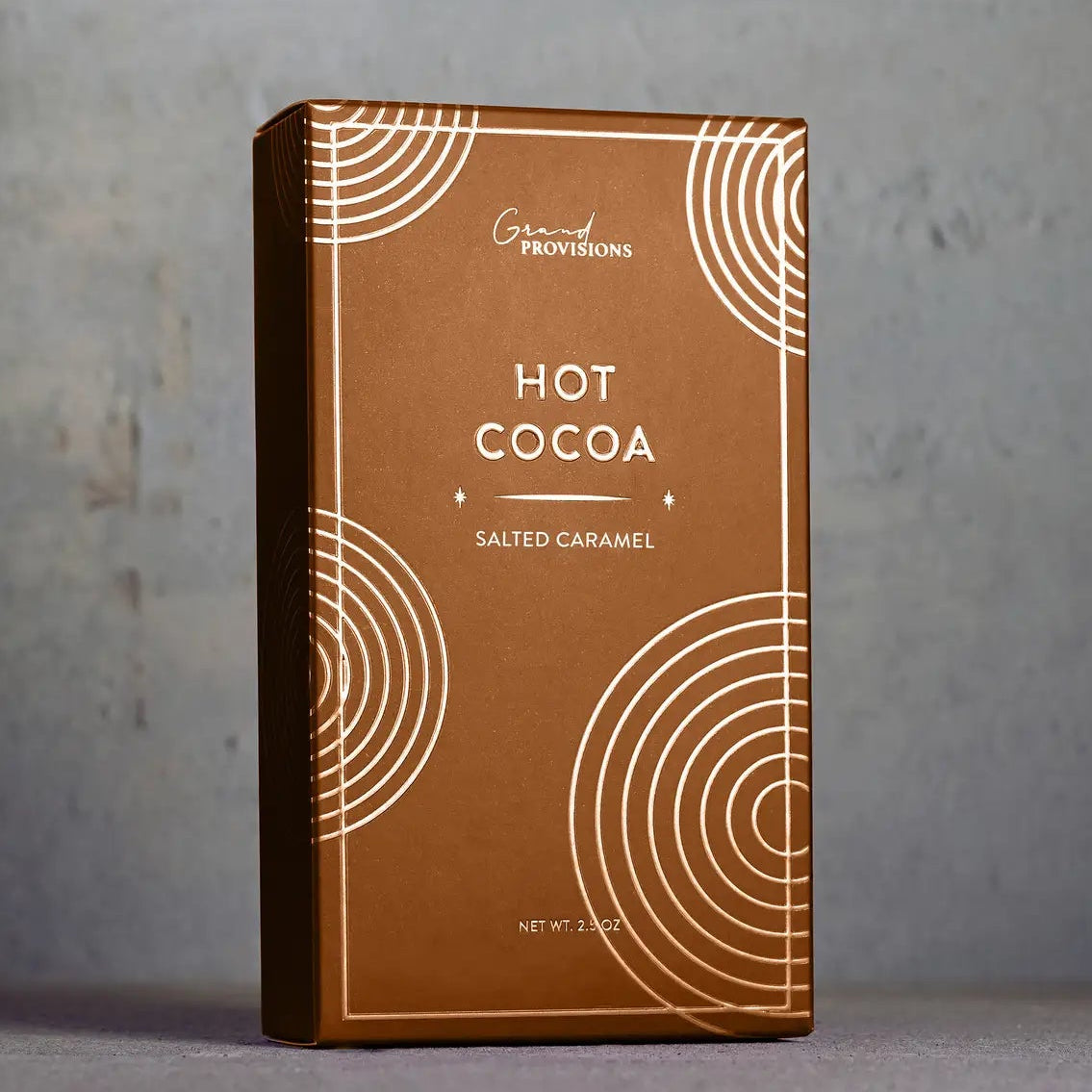 brown hot chocolate salted caramel box with gold designs 