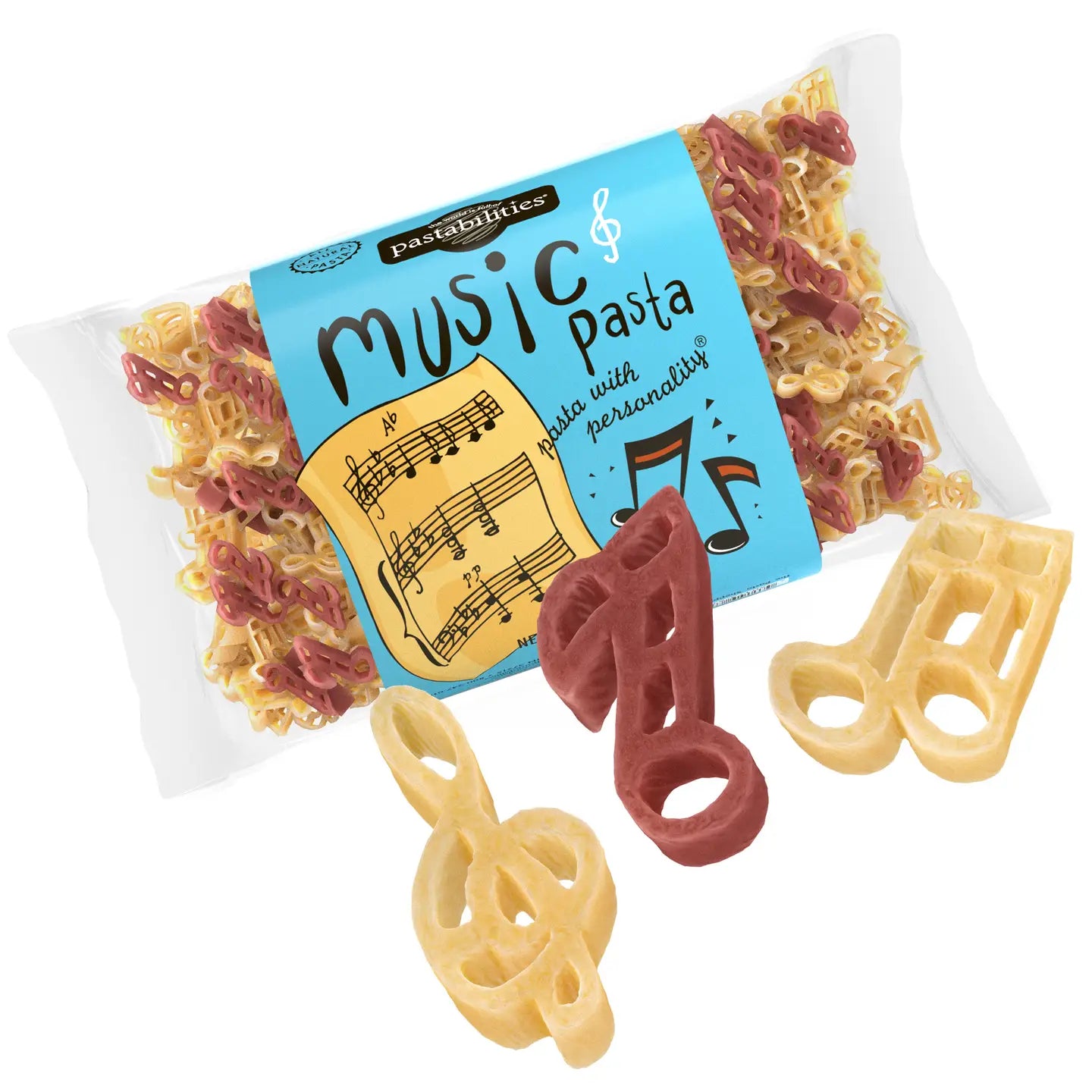 Music-themed pasta with a package labeled 'Music Pasta' on a white background