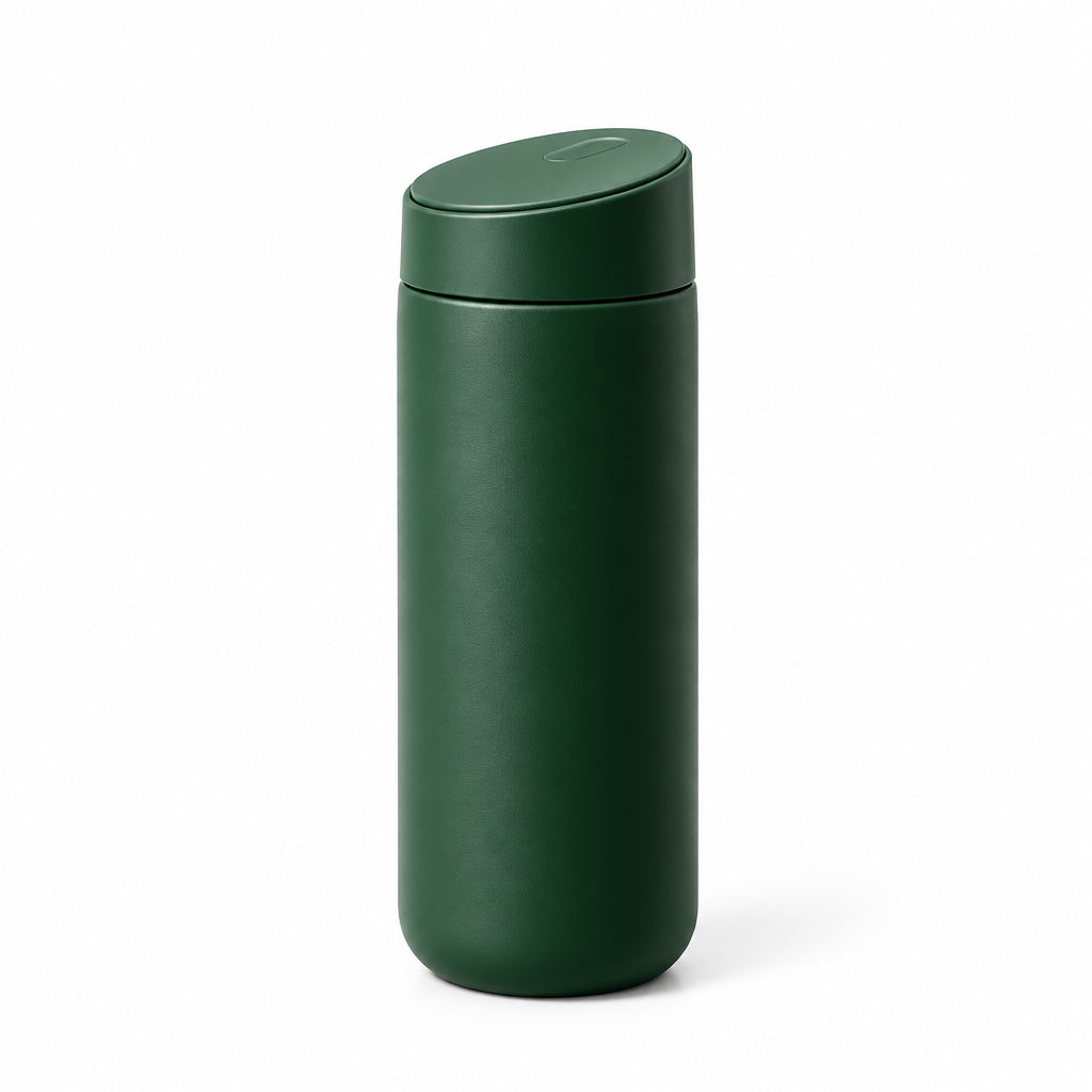 A dark green 16oz (450ml) vacuum-insulated stainless steel tumbler with a matching lid, shown on a white background with feature icons and text overlays.