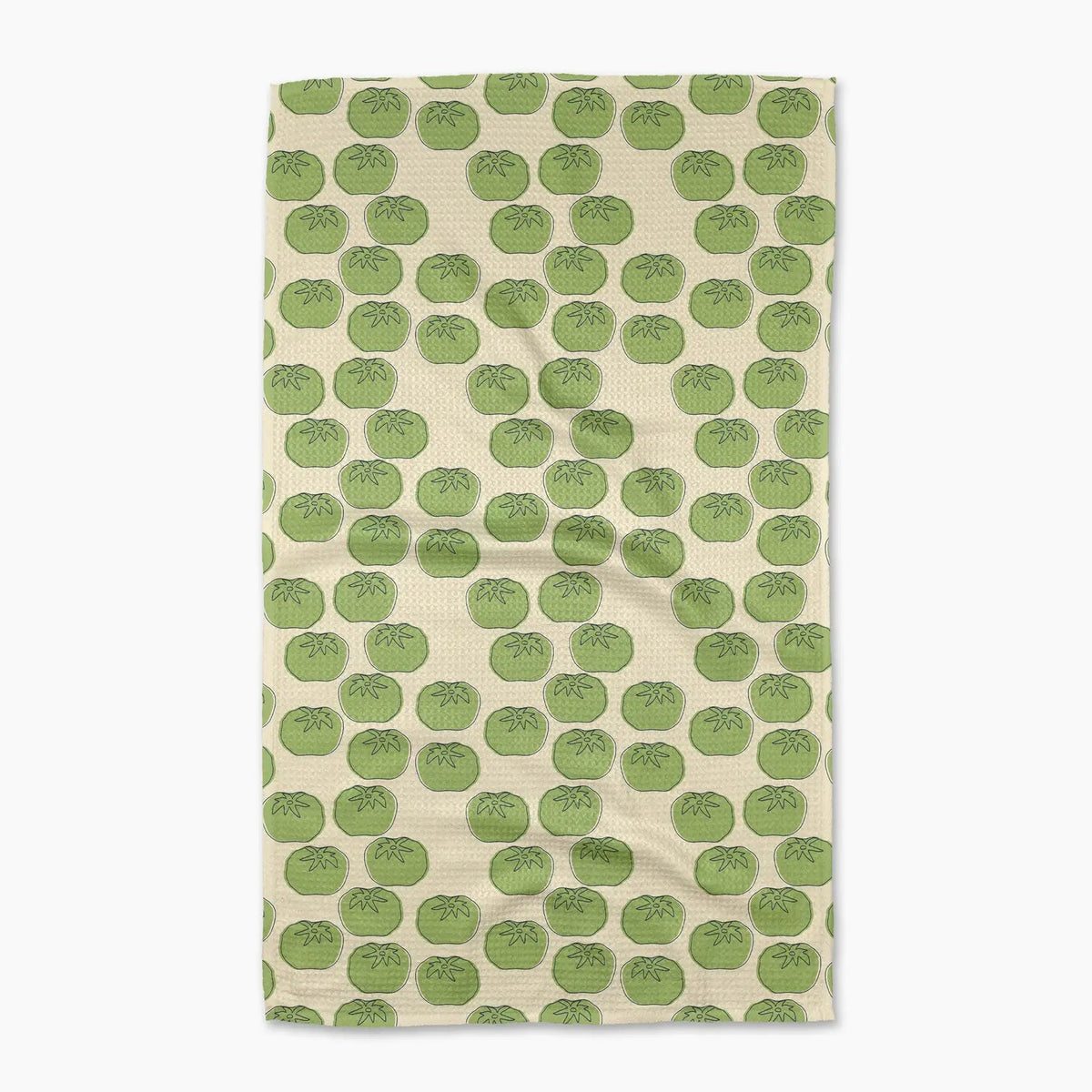 A rectangular kitchen tea towel with a repeating pattern of green kiwi slices on a cream-colored background, shown flat against a light gray backdrop.
