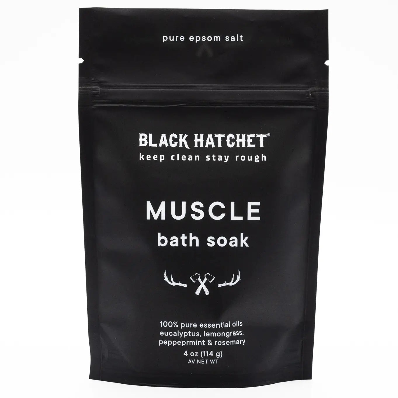 Black package of Black Hatchet Muscle bath soak on a white background