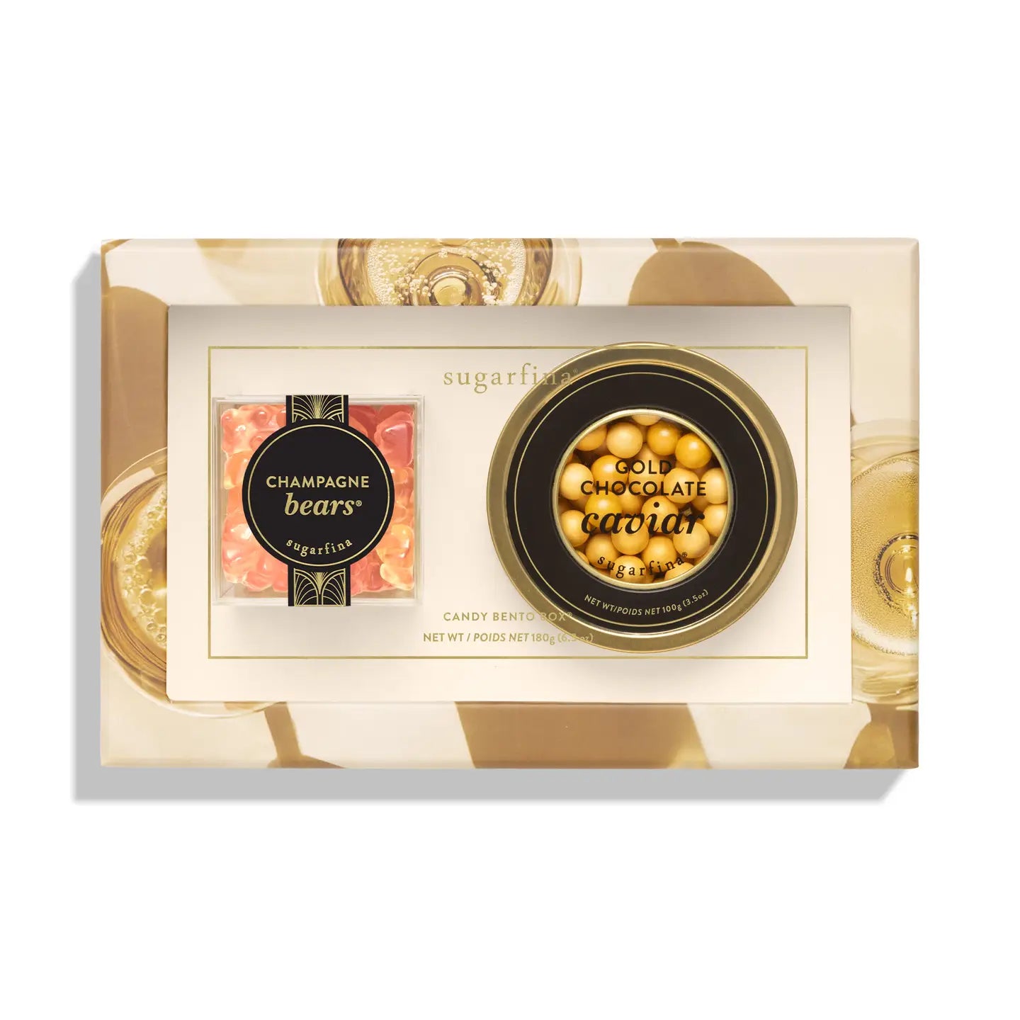 Chocolate gift set with 'Champagne Bears' and 'Gold Chocolate Caviar' in a decorative box.