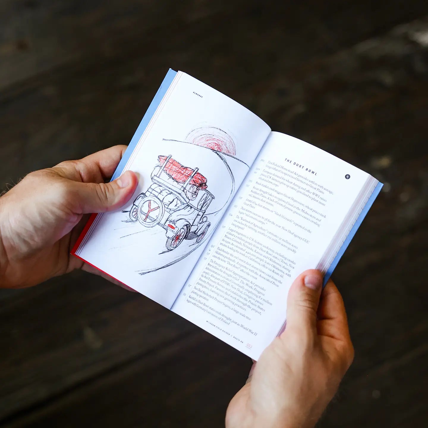 Person holding an open book with illustrations and text on a dark wooden surface