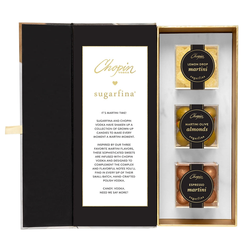 Chopin and Sugarfina chocolate set in a black box with gold accents