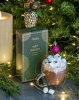 Hot chocolate with marshmallows, a box of Grand Marnier hot cocoa, and Christmas decorations on a table.