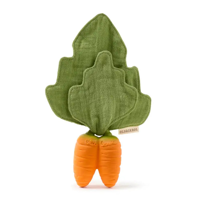 Plush toy shaped like a carrot with green leaves on a white background