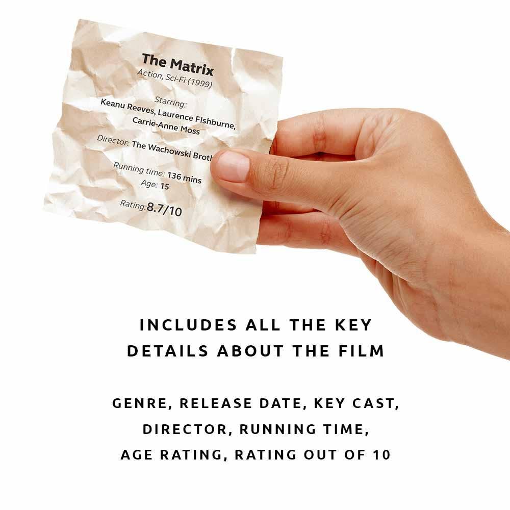 Hand holding a wrapped condom with movie information on a white background