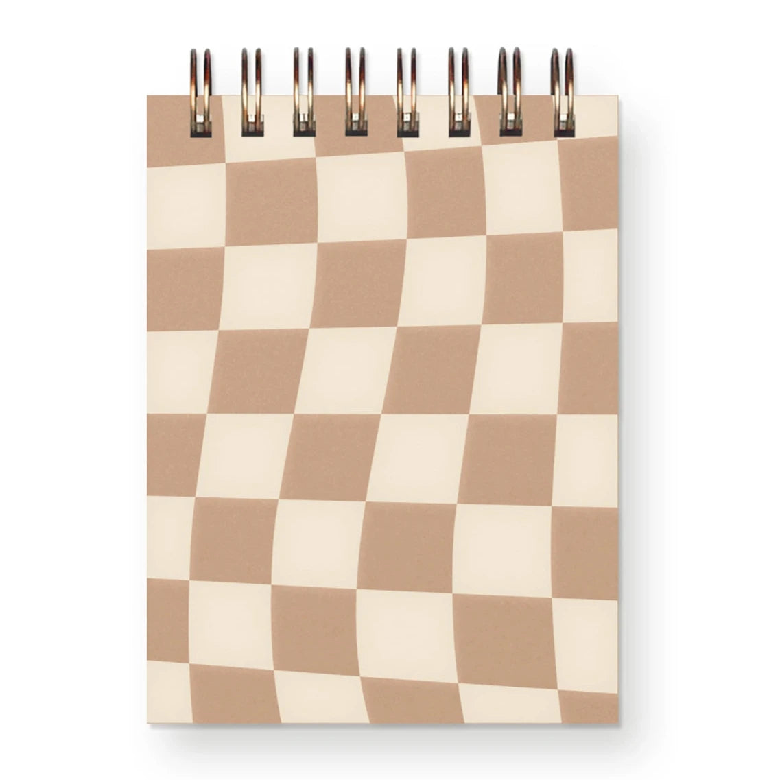 A spiral-bound notepad with a light brown and cream checkered pattern on the cover, featuring a wavy design effect on the squares.