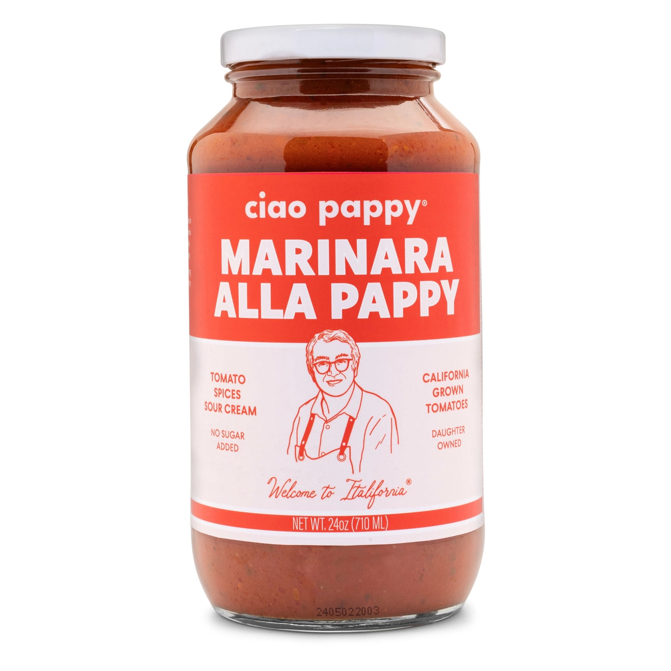 clear glass bottle with marinara sauce in it. bottle has white & red label