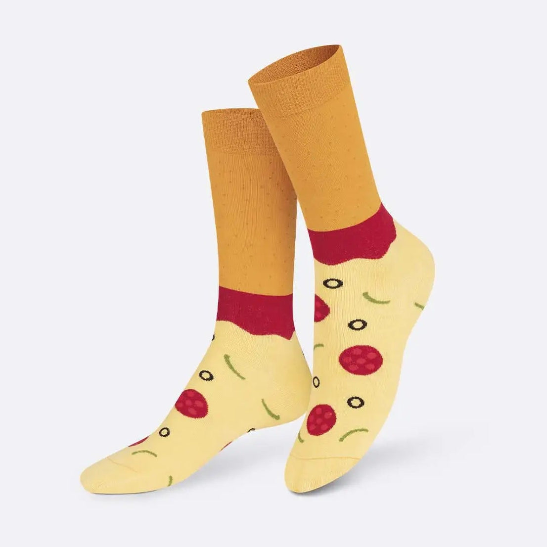 Pair of socks with pizza design on a white background