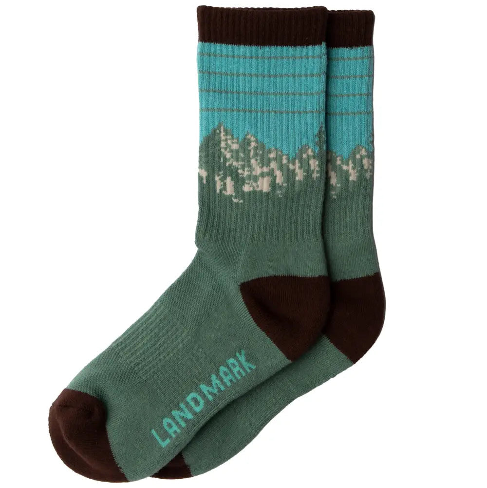 Green and brown sock with 'Landmark' branding on a white background