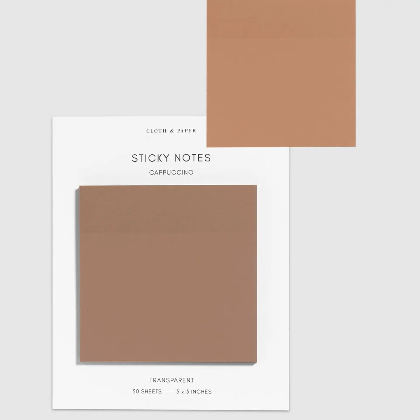 A pack of transparent sticky notes in the color 'Cappuccino' on a white backing card, with one note shown floating above the card against a light gray background.