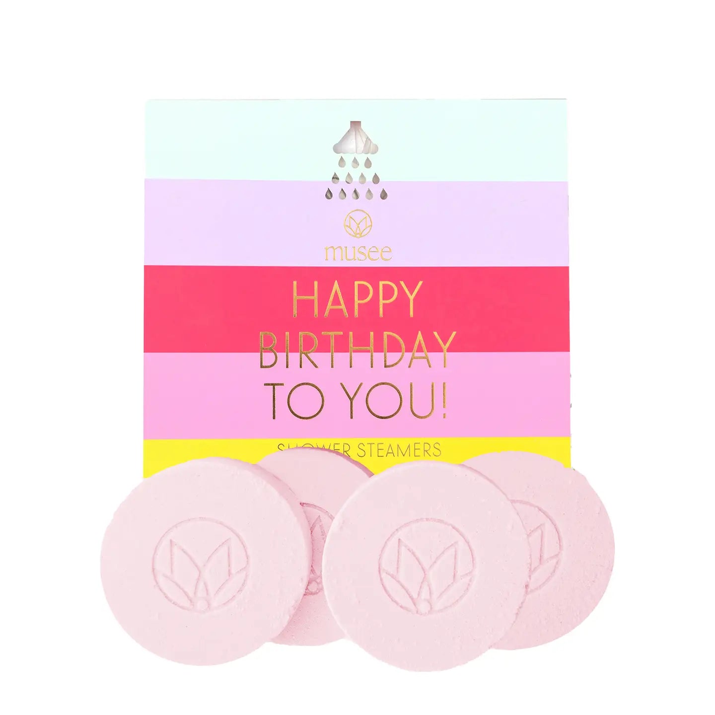 Pink flower steamers with a colorful 'Happy Birthday To You!' card on a white background